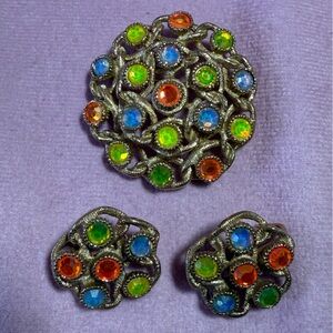 Sarah Cov Moonlight 1970s Uranium Brooch and Earring set